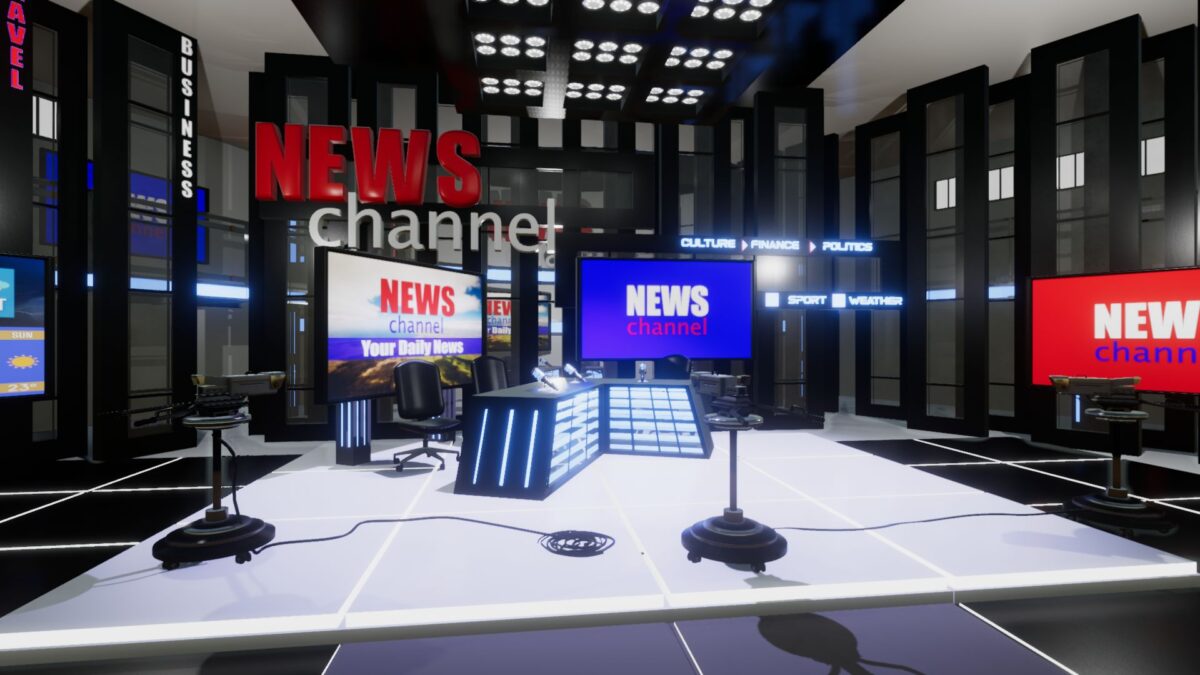 An image showing News Channel TV Studio asset pack, created with Unreal Engine.