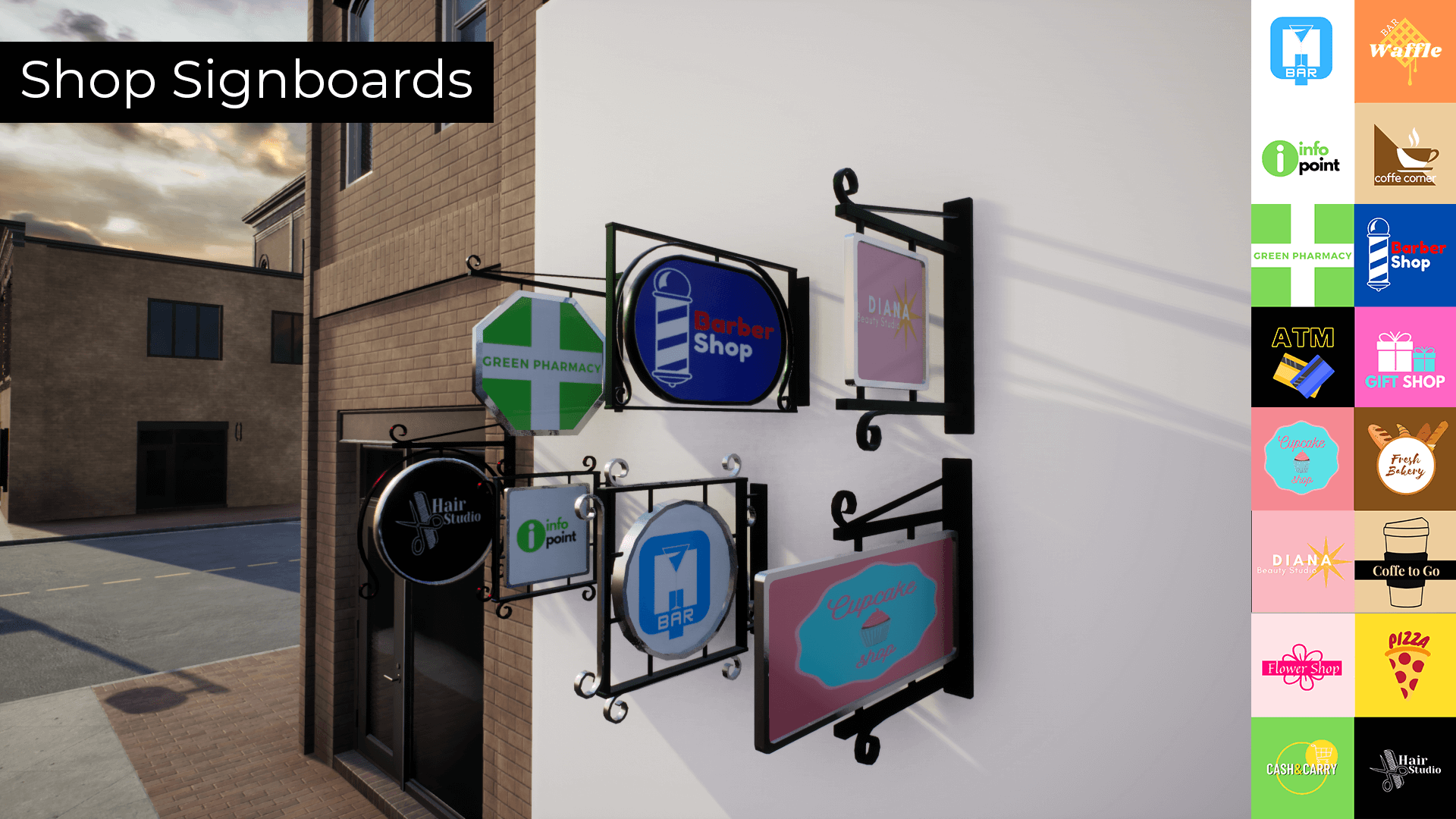 An image showing Shop Signboards asset pack, created with Unreal Engine.