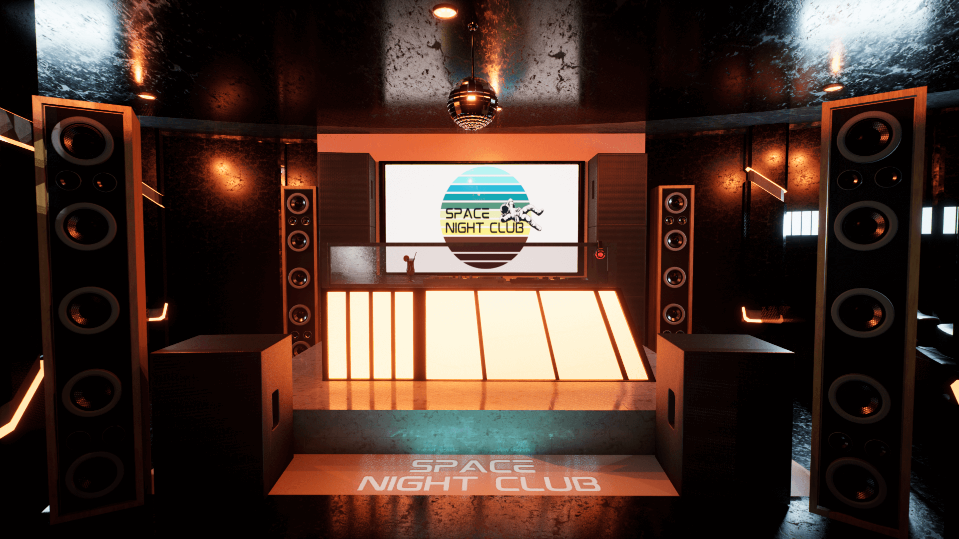 An image showing the Space Night Club asset pack, created with Unreal Engine