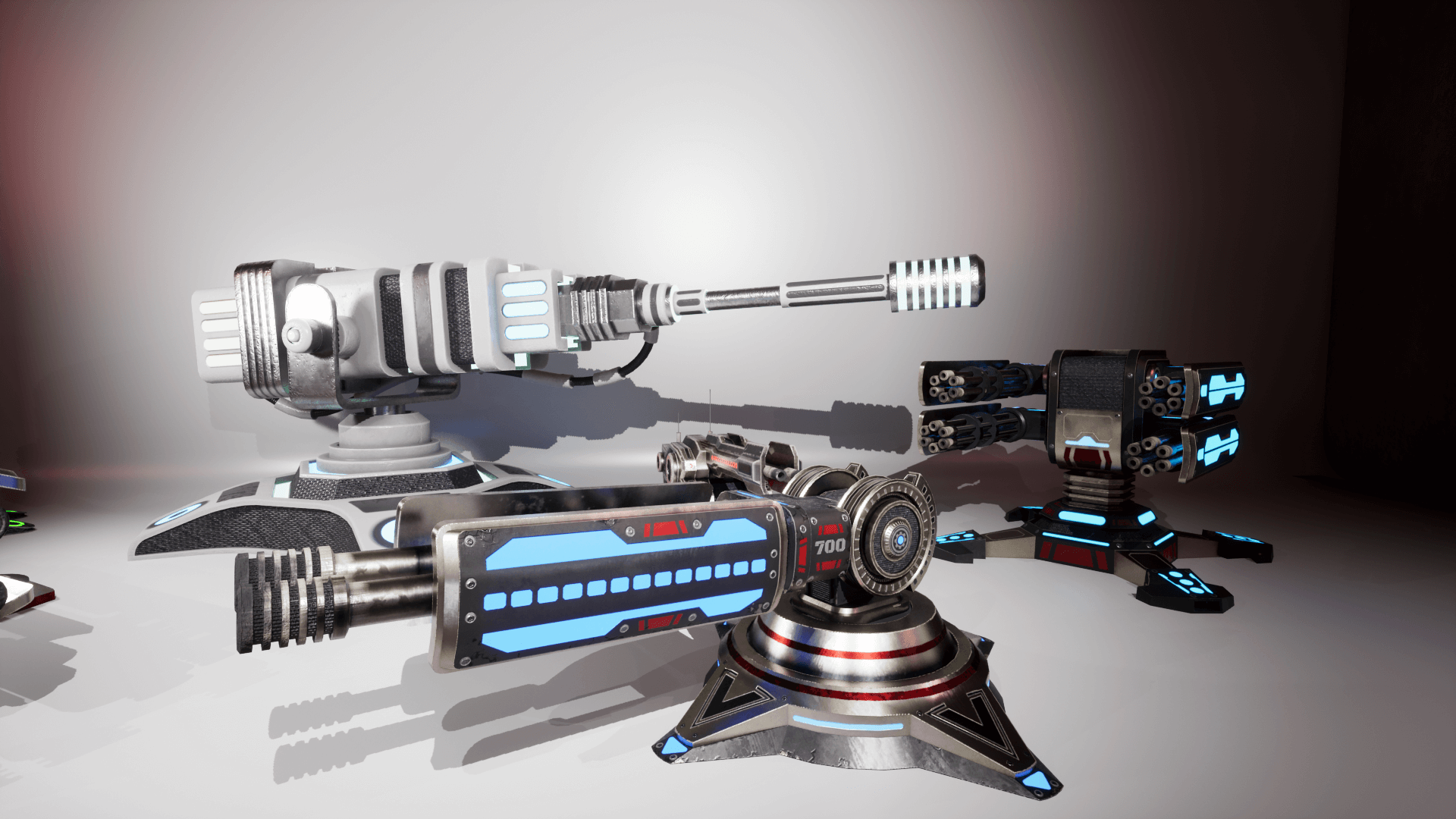 An image showing the SciFi Turrets asset pack, created with Unreal Engine