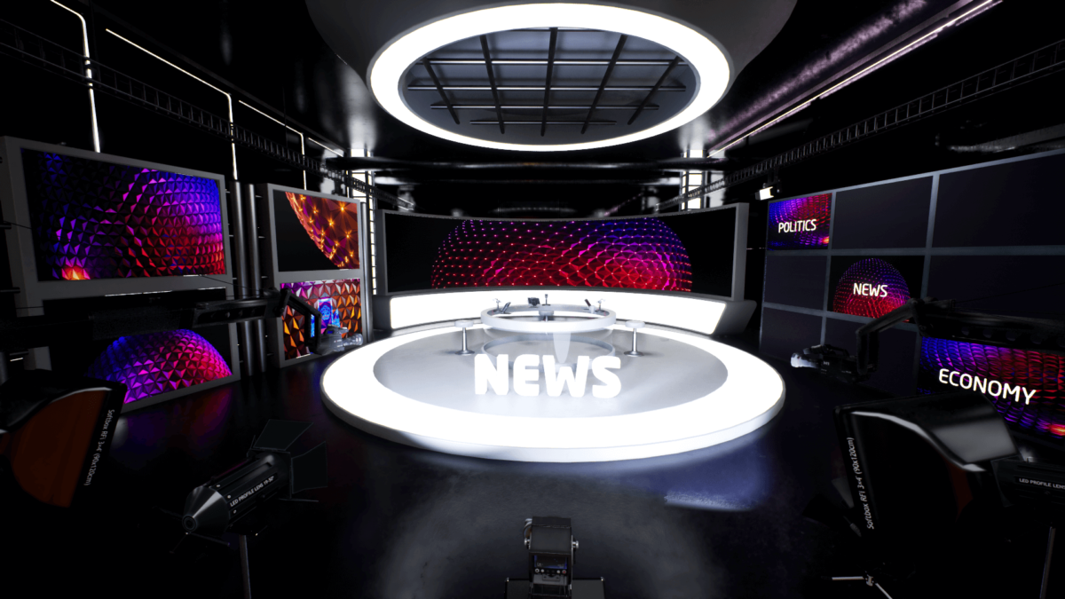 An image showing the Virtual News Studio asset pack, created with Unreal Engine